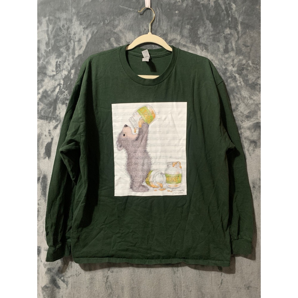 Gildan Long Sleeve T-Shirt Mens XL Gruffies Bear Honey Green Graphic Tee